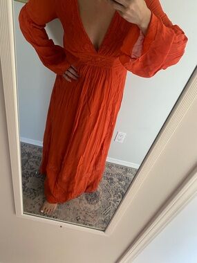 FP Orange V-Neck Long Sleeve Maxi Dress